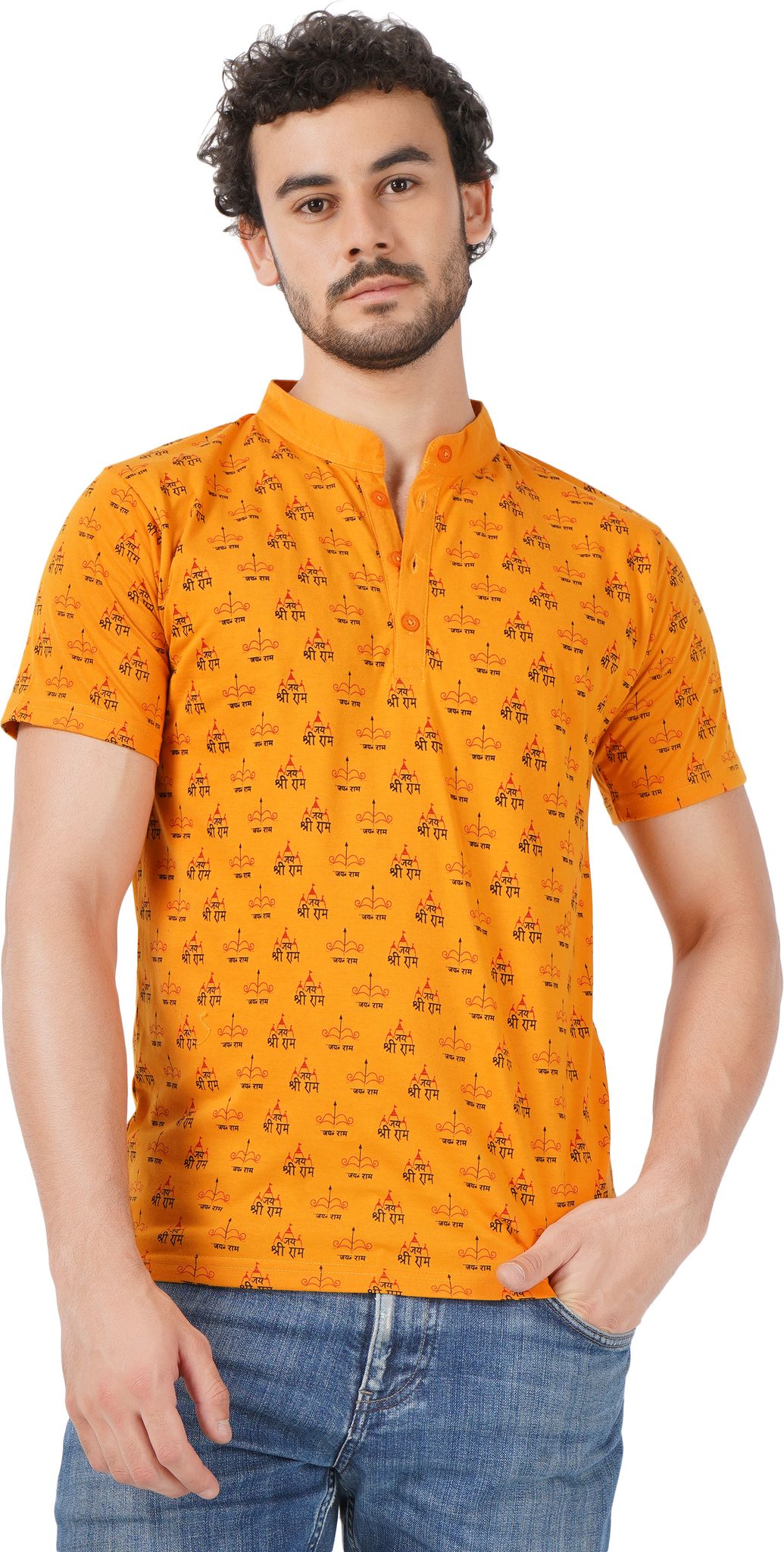 BLUEFICUS Men's Jai Shree Ram Printed Cotton Round Neck Half Sleeves T-Shirt (Mustard)