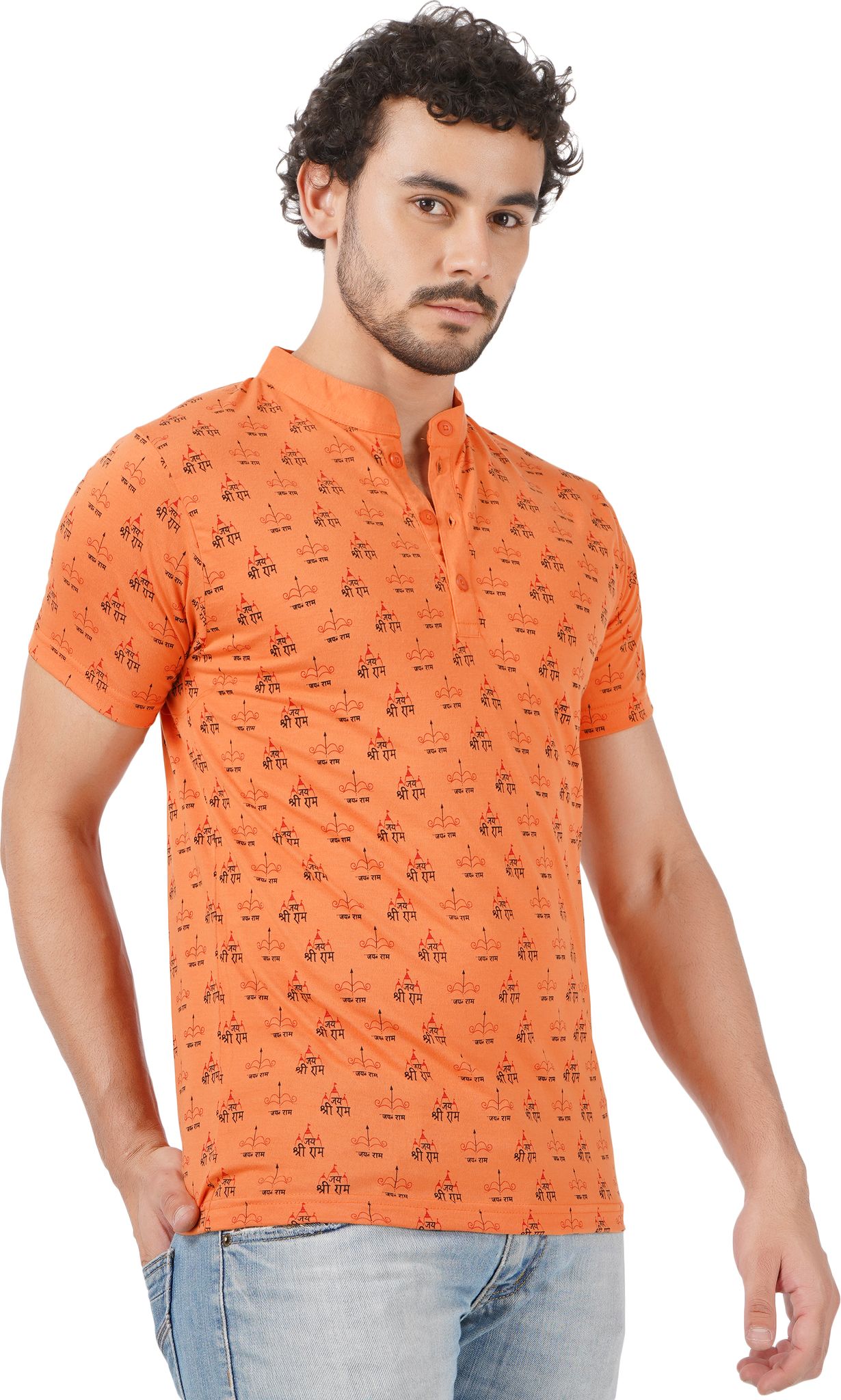 BLUEFICUS Men's Jai Shree Ram Printed Cotton Round Neck Half Sleeves T-Shirt (Orange)