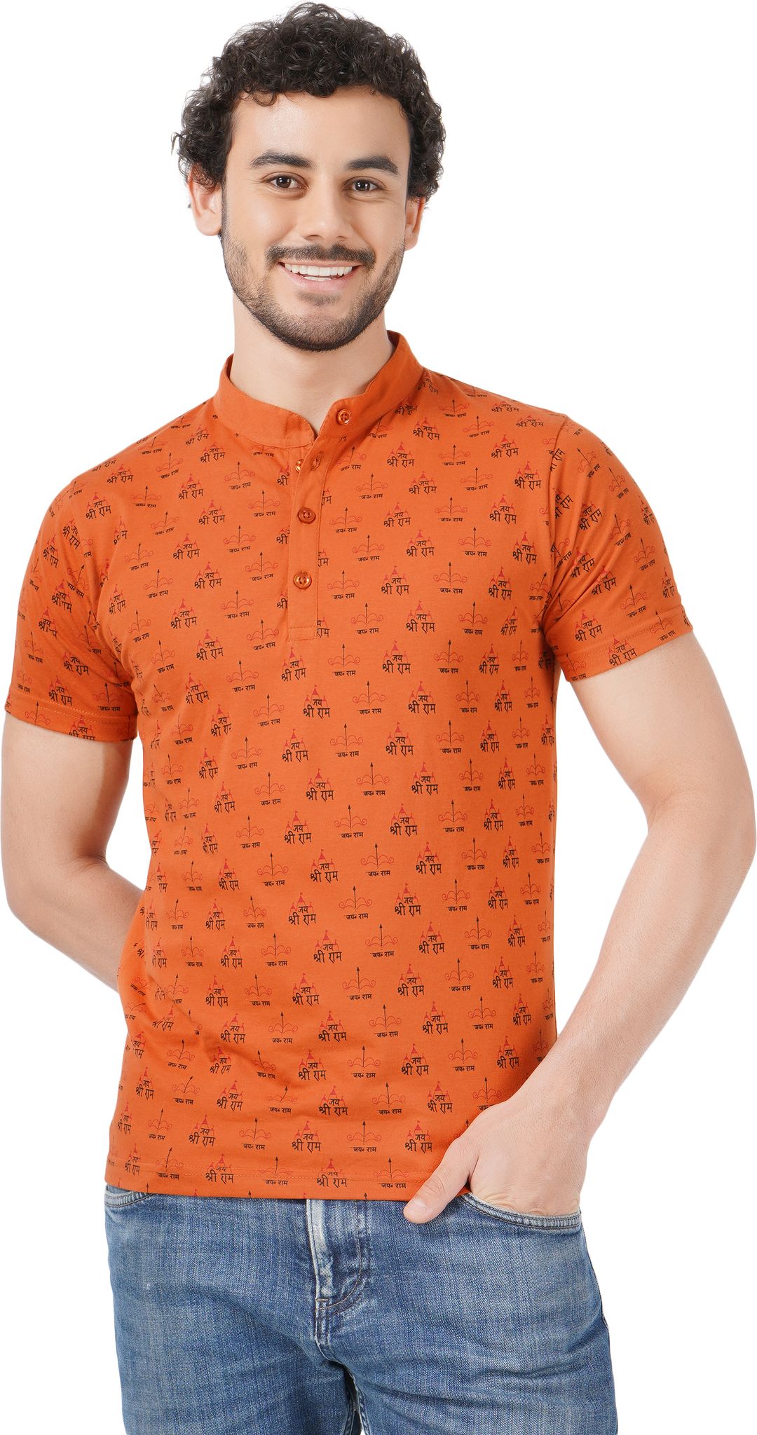 BLUEFICUS Men's Jai Shree Ram Printed Cotton Round Neck Half Sleeves T-Shirt (Rust)