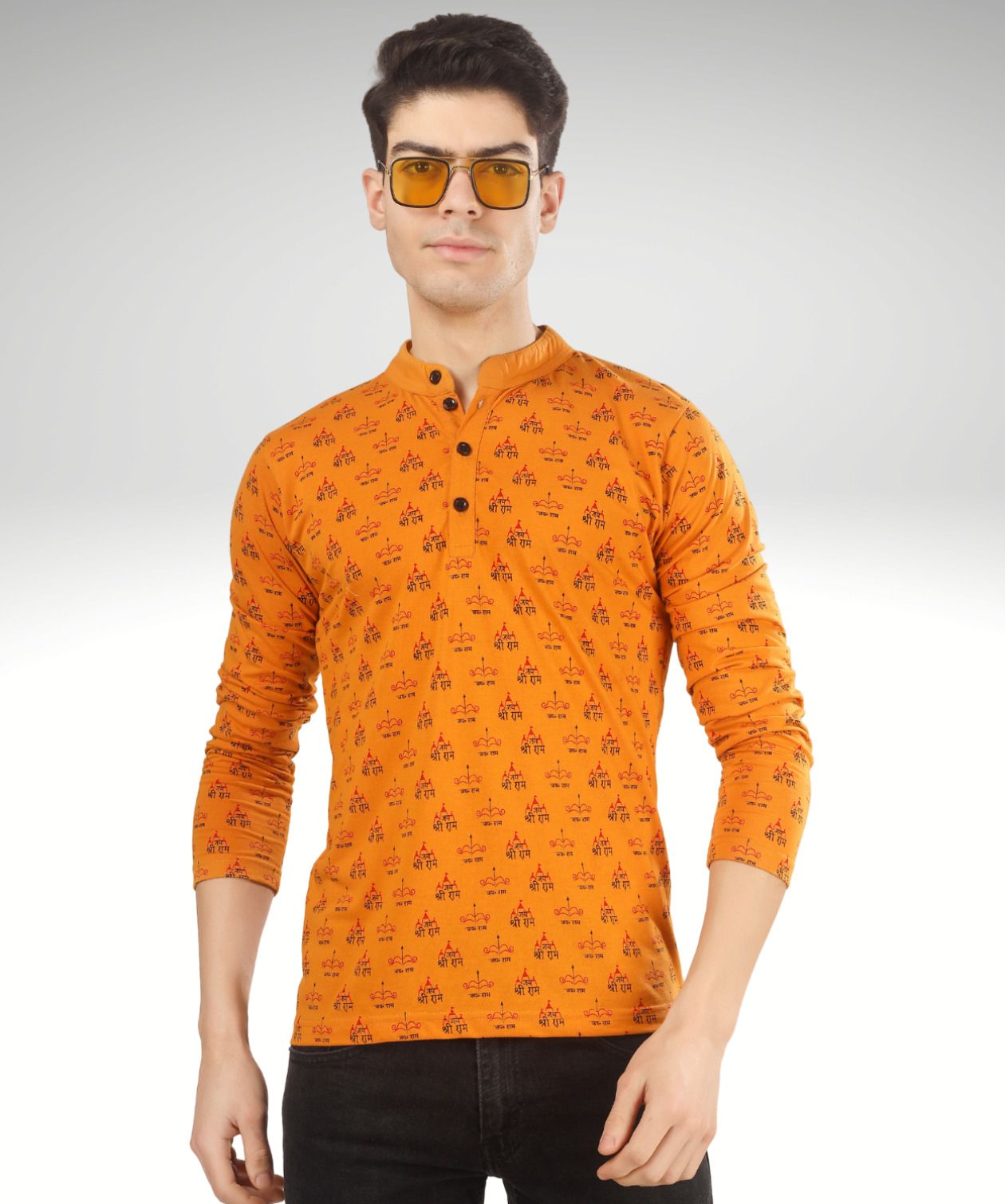 BLUEFICUS Men's Jai Shree Ram Printed Cotton Round Neck Full Sleeves T-Shirt (Mustard)