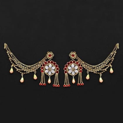 STOREPEDIA Red & Gold Color Rhinestone Bahubali Earnings | Traditional Earrings for Women | Pearl Drop Jhumka/Jhumaki Bridal Earrings With Ear Chain For Women/Girls