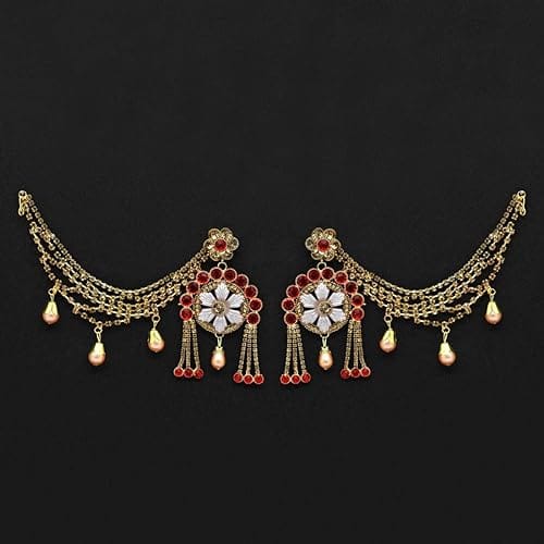 STOREPEDIA Red & Gold Color Rhinestone Bahubali Earnings | Traditional Earrings for Women | Pearl Drop Jhumka/Jhumaki Bridal Earrings With Ear Chain For Women/Girls