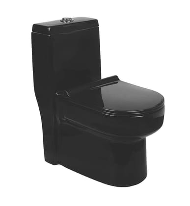 Vardhman Ceramics Full Black One-Piece Western Commode Water Closet Floor Mounted S Trap Outlet on Floor Glossy Finish EWC for Toilet Bathroom Washroom 806 Full Black