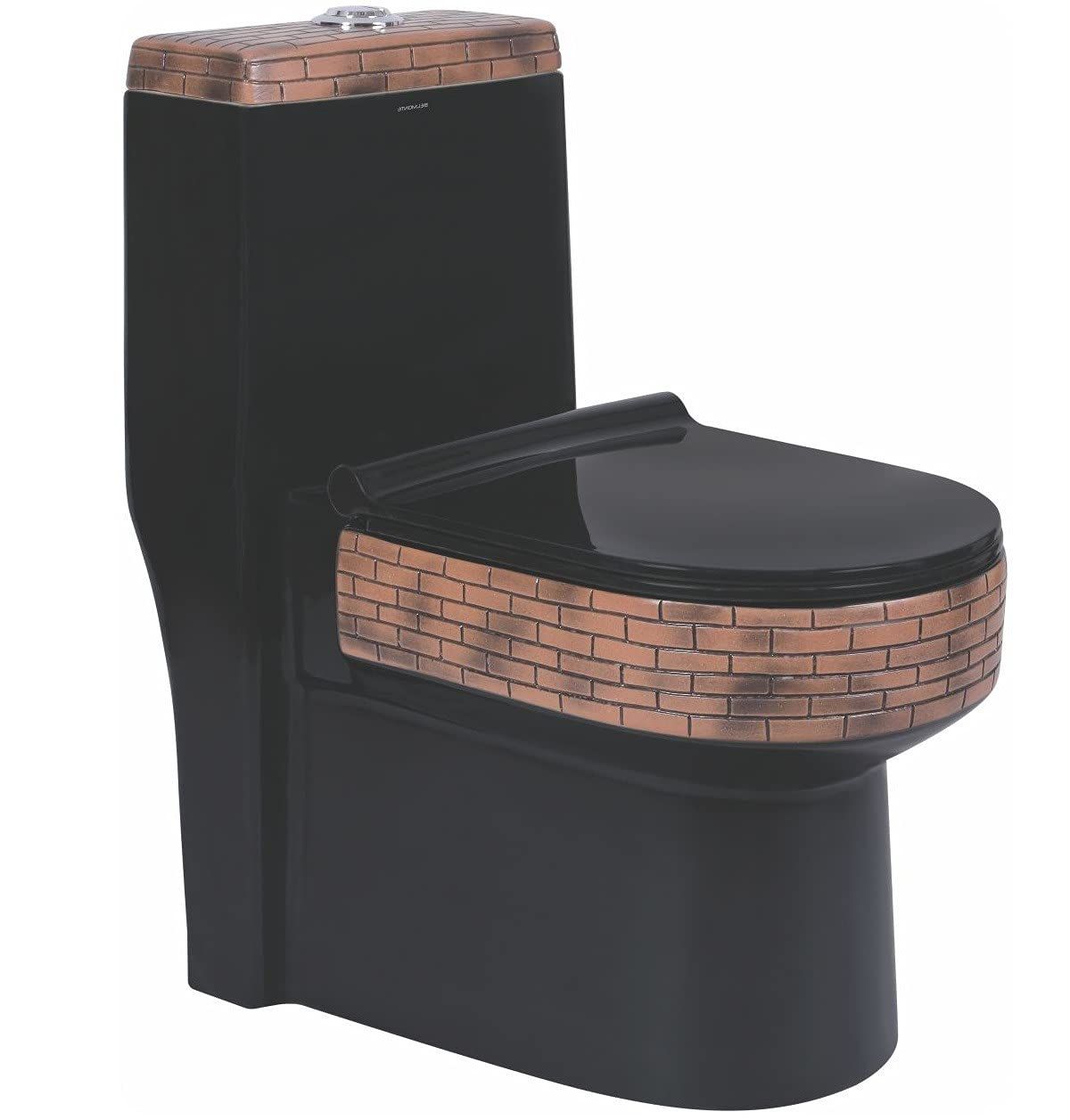 Vardhman Ceramics One Piece Designer Western Commode Water Closet Floor Mounted S Trap Outlet on Floor Glossy Finish Black with Bricks Design EWC for Toilet Bathroom Washroom 806 Bricks Black