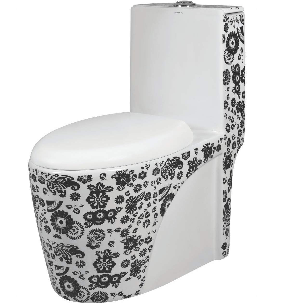 Belmonte Ceramic Designer One Piece Western Toilet Commode Floor Mounted Outlet Location Floor Side Bottom Water Closet Ewc Numero S Trap 225mm 9 Inch Black Printed White Color