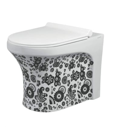 Belmonte Ceramic Designer Western Toilet Commode/Floor Mounted European Water Closet/EWC Retro S Trap 100mm / 4 Inch with Slow Motion/Soft Close Slim Seat Cover 53cm x 36cm x 40cm Printed White