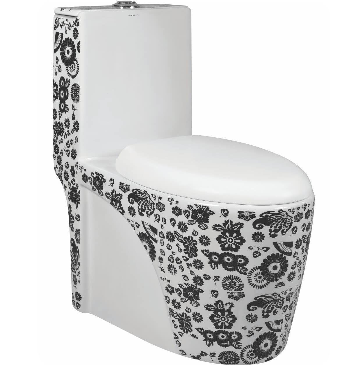 Vardhman Ceramics Designer One Piece Western Toilet Commode EWC - Glossy Finish, Multi Color-White/Black, Floor Mount