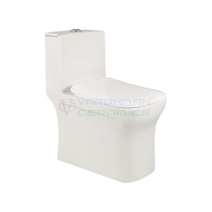 Vardhman Ceramics One Piece Western Commode Water Closet Floor Mounted S Trap Outlet on Floor Glossy Finish White EWC for Toilet Bathroom Washroom Battle White