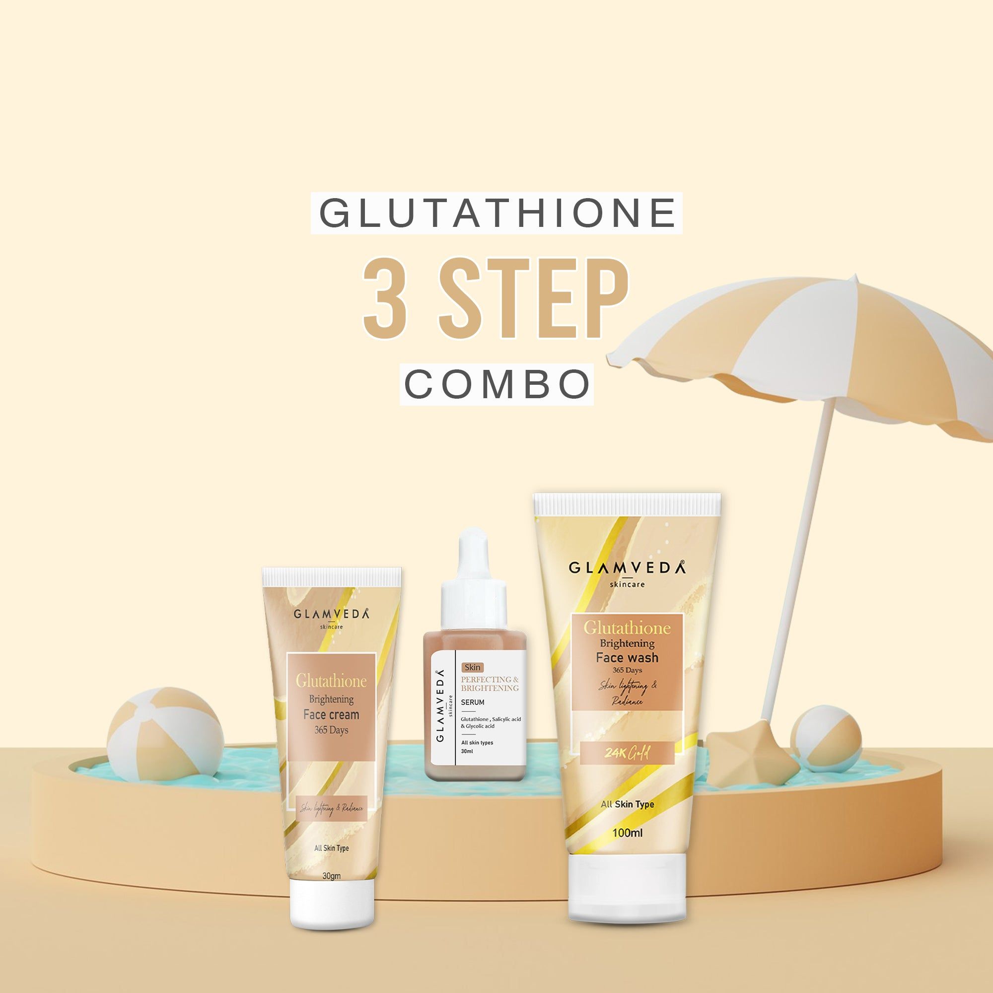 Glamveda Glutathione Skin Perfecting Brightening & Dark Spots Removal 3 Steps Skincare Routine ( Face Wash + Face Cream + Face Serum )