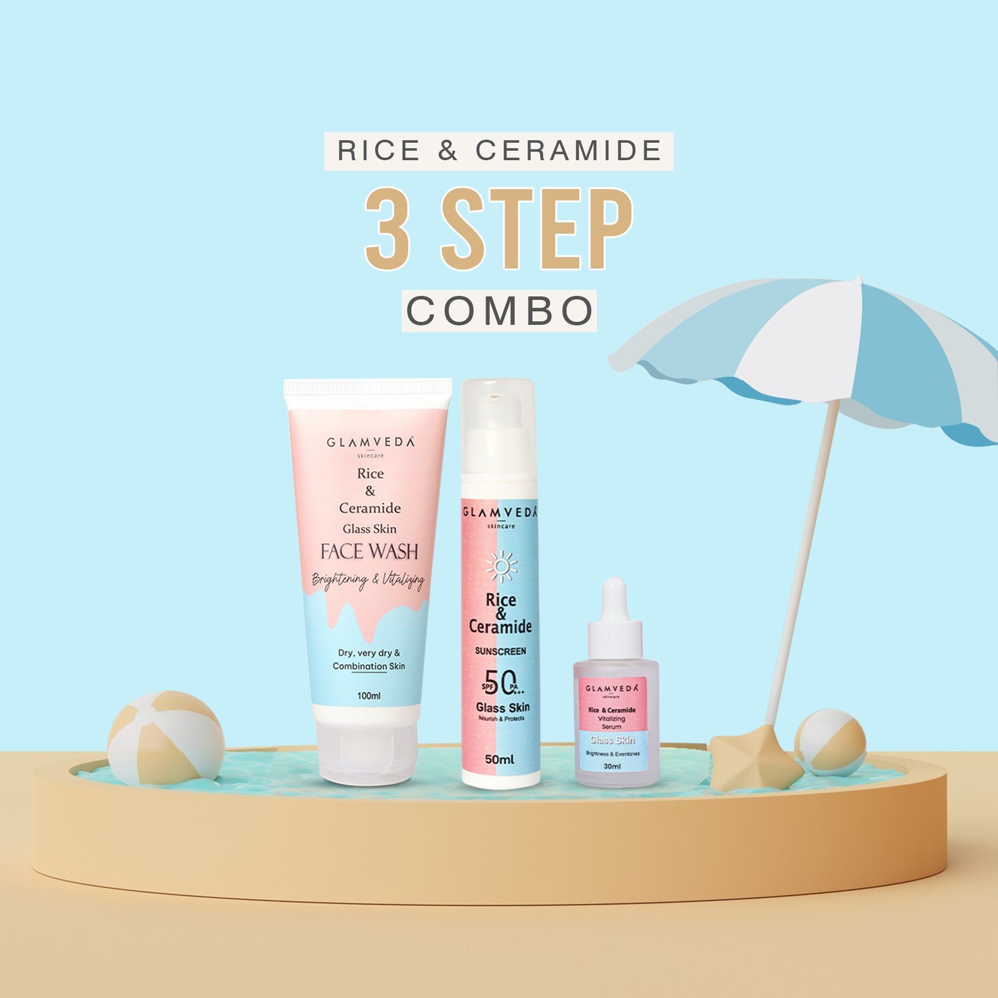 Glamveda Korean Glass Skin Rice & Ceramide 3 Step Combo | Face Wash, Serum & Sunscreen