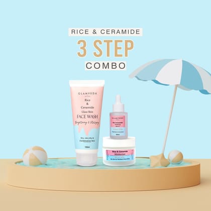 Glamveda Korean Glass Skin Rice & Ceramide 3 Step Combo | Face Wash, Serum & Moisturizer