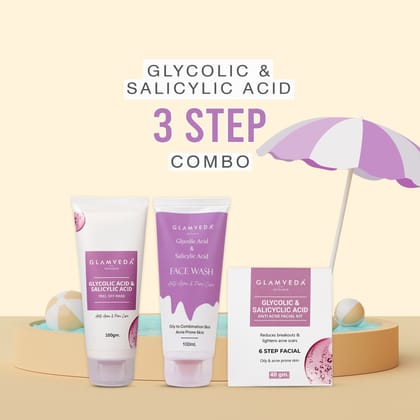 Glamveda Glycolic & Salicylic Acid Anti Acne Combo Gift Pack | For Oily & Acne Prone Skin | Face Wash, Facial Kit & Peel Off Mask