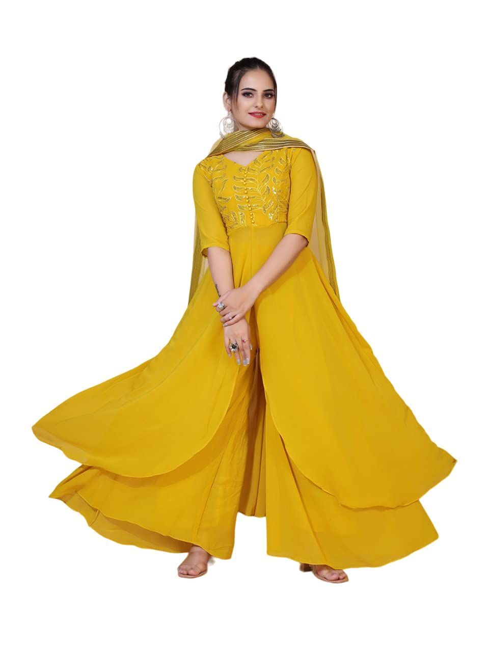 FASHION QUEEN Women's Yellow Embroidered Sequinned Silk Chiffon Kurti with Plazzo & Dupatta (Yellow_V-166)