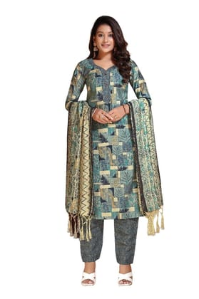 FASHION QUEEN Dresses For Women Chanderi Cotton BlueColoured Geometric Printed Calf Length Kurta With Palazzos & Dupatta (Blue_V254)