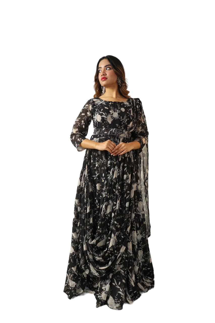 FASHION QUEEN Western Dresses for Women Georgette Fabric Black Coloured Floral Printed Boat Neck Three-Quarter Sleeves Maxi Length Dress Comes with A Belt (Black_V-217)