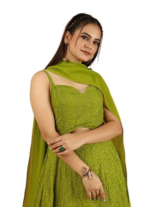 FASHION QUEEN Women's Poly Georgette Floral Embroidered Sleeveless Over The Calf Length Anarkali Shape Fully Stitched Light Green Colour Kurta with Plazzos and Dupatta (Light Green_Z71)