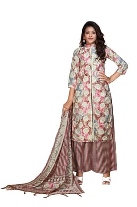 FASHION QUEEN Dresses For Women Chanderi Cotton Pink Floral Printed Calf Length Kurta With Palazzos & Dupatta (Pink_V-253)