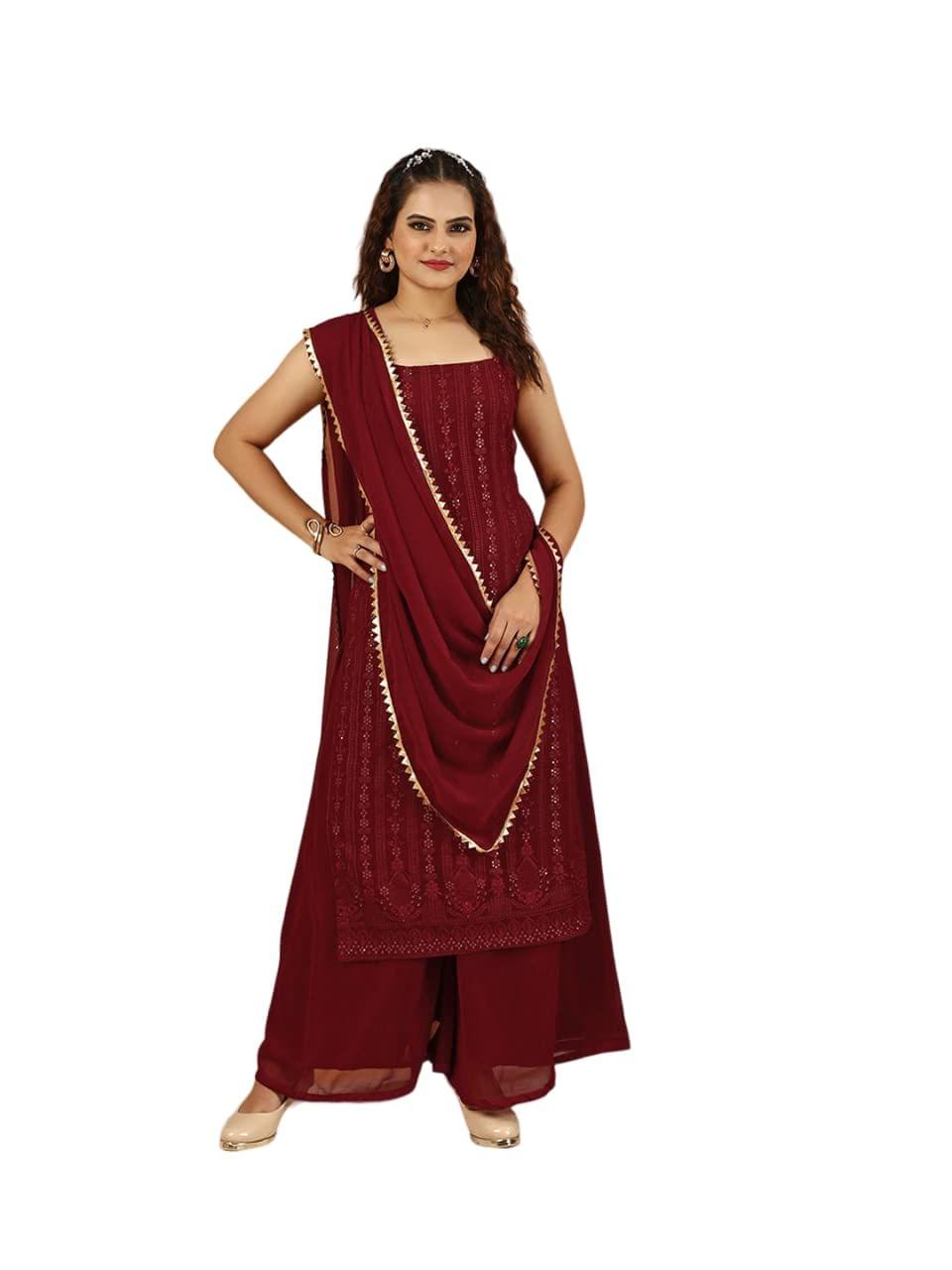 FASHION QUEEN Women's Dark Red Embroidered Sequinned Kurti with Palazzos & Dupatta (Dark Red_Z-31)