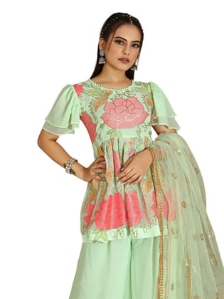 FASHION QUEEN Women Light Green Coloured Polyester Georgette Fabrics Round Neck Short Sleeves Floral Embroidered Sequinned Kurta with Palazzos & Dupatta (Z_35)