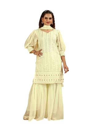 FASHION QUEEN Women's Cream-Coloured Full Sleeves Ethnic Motifs Embroidered Chikankari Sequinned Top with Sharara & With Dupatta (Z-37)