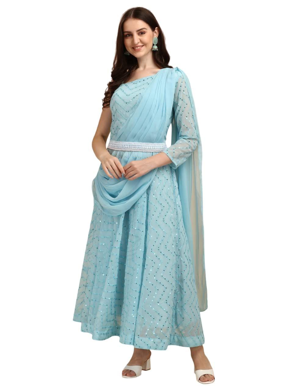 FASHION QUEEN Women's Aqua Blue Georgette Sequence Worked One Side Sleeve Ankle Length Fully Stitched Gown with Attached Duppata (V-156)