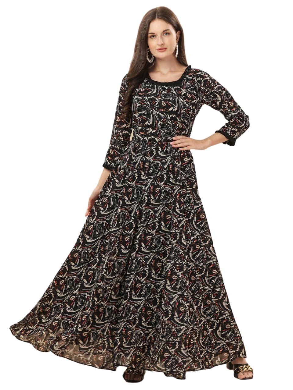 FASHION QUEEN Western Dresses for Women Black Beige Abstract Printed Georgette Fabric Round Neck 3