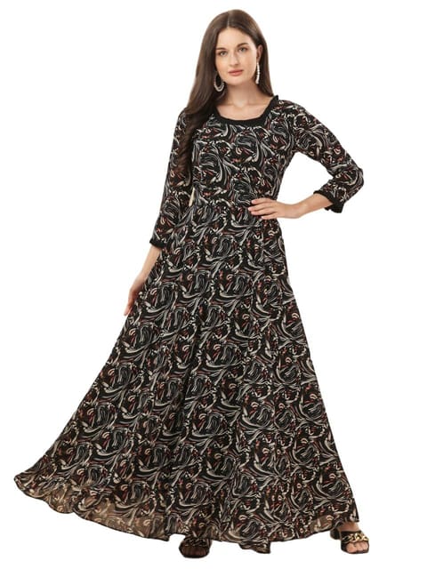 FASHION QUEEN Western Dresses for Women Black Beige Abstract Printed Georgette Fabric Round Neck 3 4 Sleeves Maxi Length Dress Black V 212