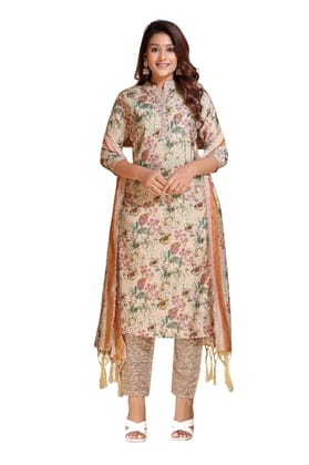 FASHION QUEEN Dresses For Women Chanderi Cotton Pink Floral Printed Long Length With Flared Hem Mandarin Collar Kurta With Palazzos & Dupatta (Pink_V-258)