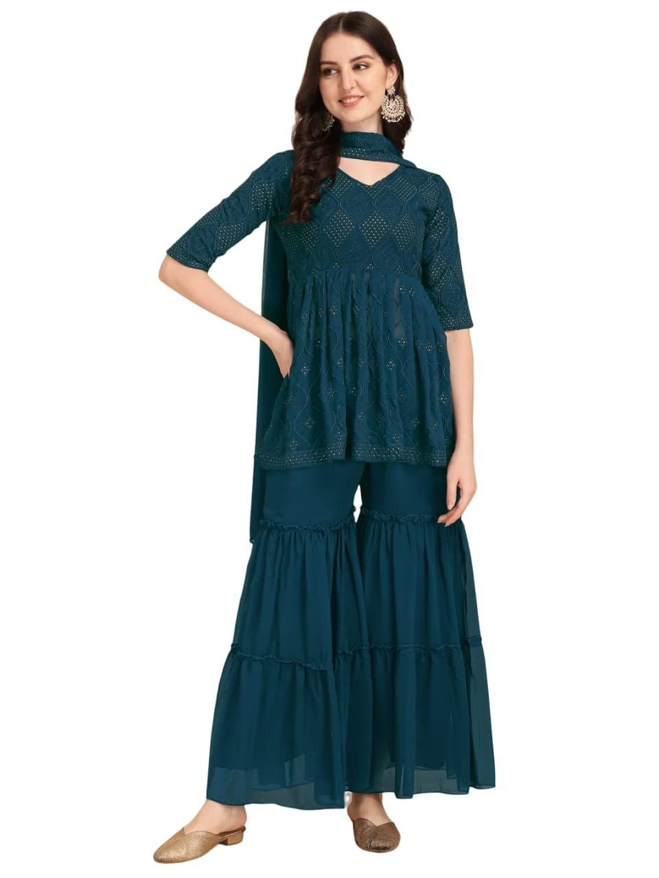 FASHION QUEEN Women Blue Embroidered Sequinned Top with Sharara & with Dupatta (Blue_Z-36)