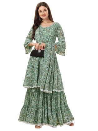 FASHION QUEEN Women Georgette Printed Pleated Green Coloured A-Line Three-Quarter Sleeves Round Neck Kurta with Sharara & Dupatta (Z_75)