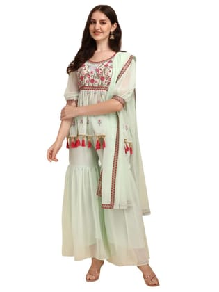 FASHION QUEEN Women's Light Green Georgette Floral Embroidered Thread Work Top with Sharara & Dupatta (Light Green_V-152)