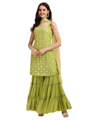 FASHION QUEEN Women's Georgette Lime Green Ethnic Motifs Embroidered Mirror Work Sleevless Kurta with Sharara & Dupatta (Light Green_Z-17)