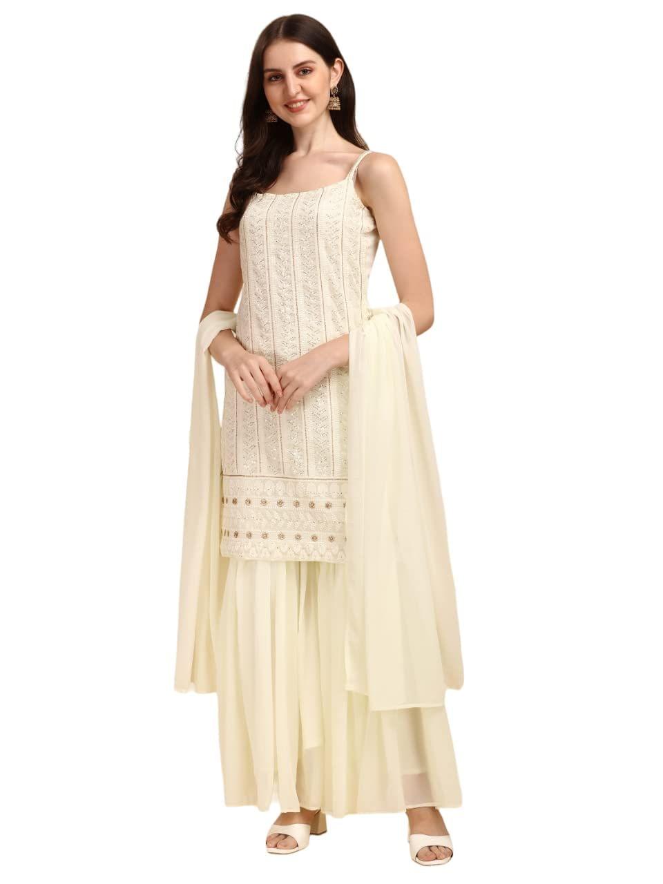 FASHION QUEEN Women's Cream-Coloured Sleevless Embroidered Chikankari Top with Sharara & with Dupatta (Cream_Z-19)