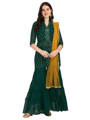 FASHION QUEEN Women Green Georgette Embroidered Pleated Sequinned Anarkali Shape Above Knee Length Kurti with Sharara & Dupatta (Z_42)