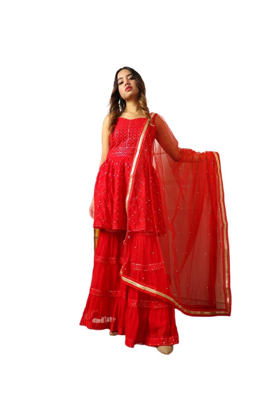 FASHION QUEEN Women's Red Coloured Georgette Embroidered Empire Thread Work Kurti with Sharara & Dupatta (Red V_223)