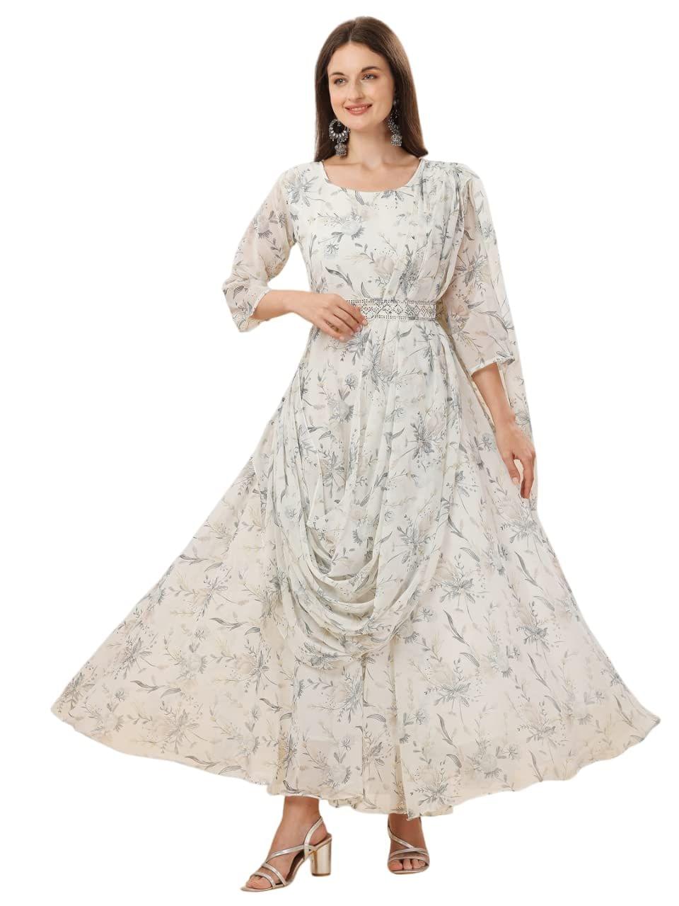 FASHION QUEEN Western Dresses for Women Off White Ethnic Motifs Printed Georgette Fabric Round Neck 3/4 Sleeves Maxi Length Dress Comes with A Belt (Off White_V-214)