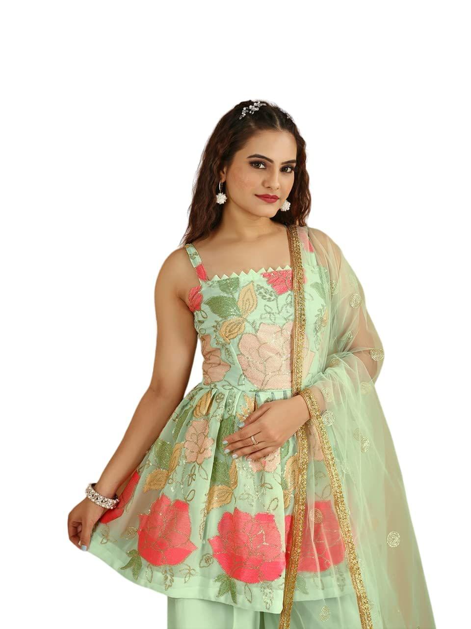 FASHION QUEEN Women Light Green Coloured Polyester Georgette Fabrics Floral Embroidered Sequinned Kurta with Palazzos & Dupatta (Z_47)