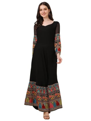 FASHION QUEEN Women's Western Long Gown with Georgette Multi Embroidery Work Long Sleeve Full Flair Floor Touch Maxi Dress