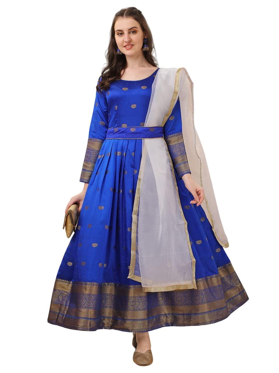 FASHION QUEEN Women's Long Western Gown Blue Ethnic Motifs Jacquard Maxi Dress with Long Sleeve Full Flair Maxi Dress with Orgenja Dupatta