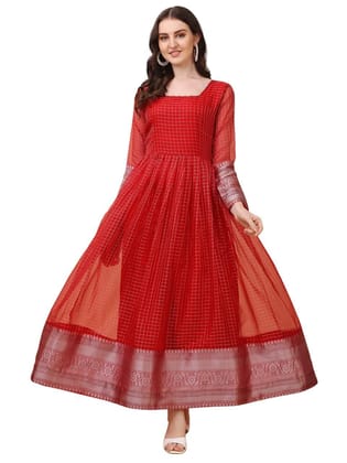 FASHION QUEEN Women's Organza Jacqaurd Half Sleeve Anarkali A-Line Fully Stitched Midi Dress | Long Gown For Girls