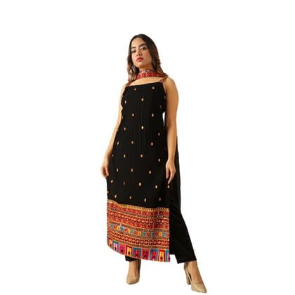 FASHION QUEEN Women Polyester Georgette Black Coloured Ethnic Motifs Embroidered Thread Work Calf Length Kurta with Trousers & Dupatta (V_221)