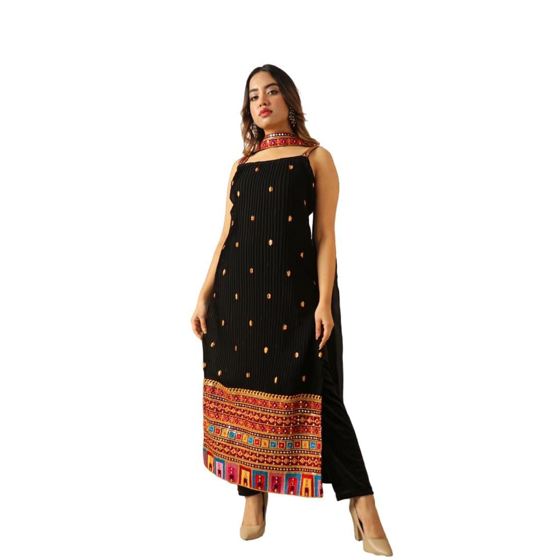 FASHION QUEEN Women Polyester Georgette Black Coloured Ethnic Motifs Embroidered Thread Work Calf Length Kurta with Trousers & Dupatta (V_221)