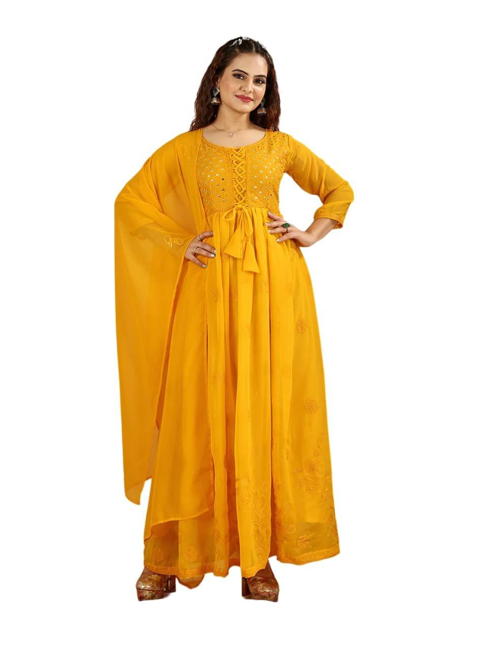 FASHION QUEEN Women's Yellow Embroidered Mirror Work Georgette Anarkali Kurta with Dupatta (Z-60)