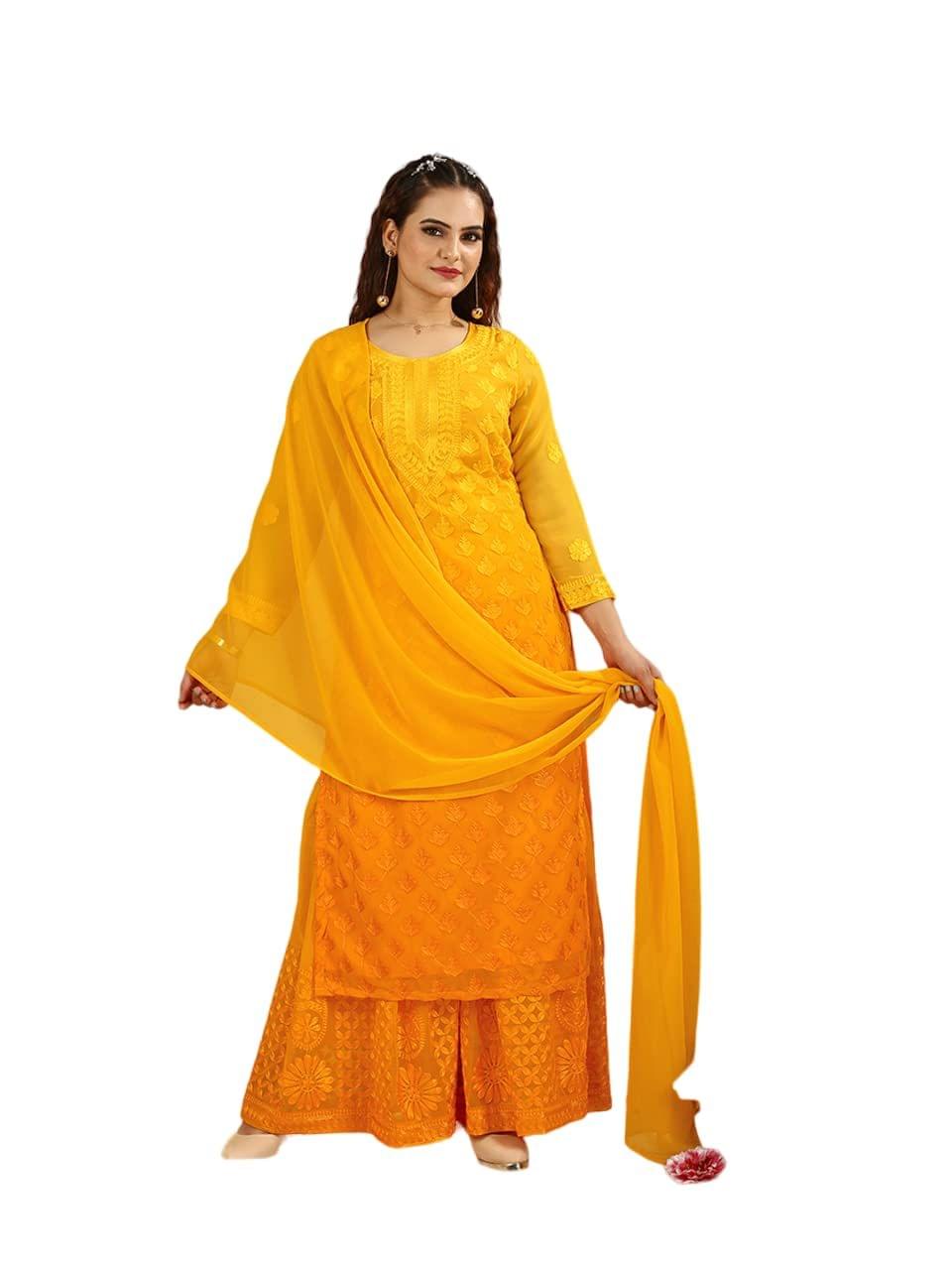 FASHION QUEEN Women's Yellow Floral Embroidered Thread Work Polyester Georgette Kurta with Sharara & Dupatta (Z-44)