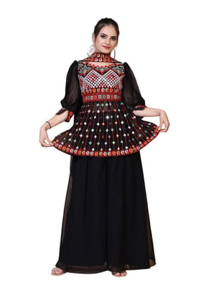 FASHION QUEEN Women Black Ethnic Motifs Thread Work Anarkali Shape Round Neck Three-Quarter Puffed Sleeves Above Knee Length Kurti with Plazo & Dupatta (Z_52)