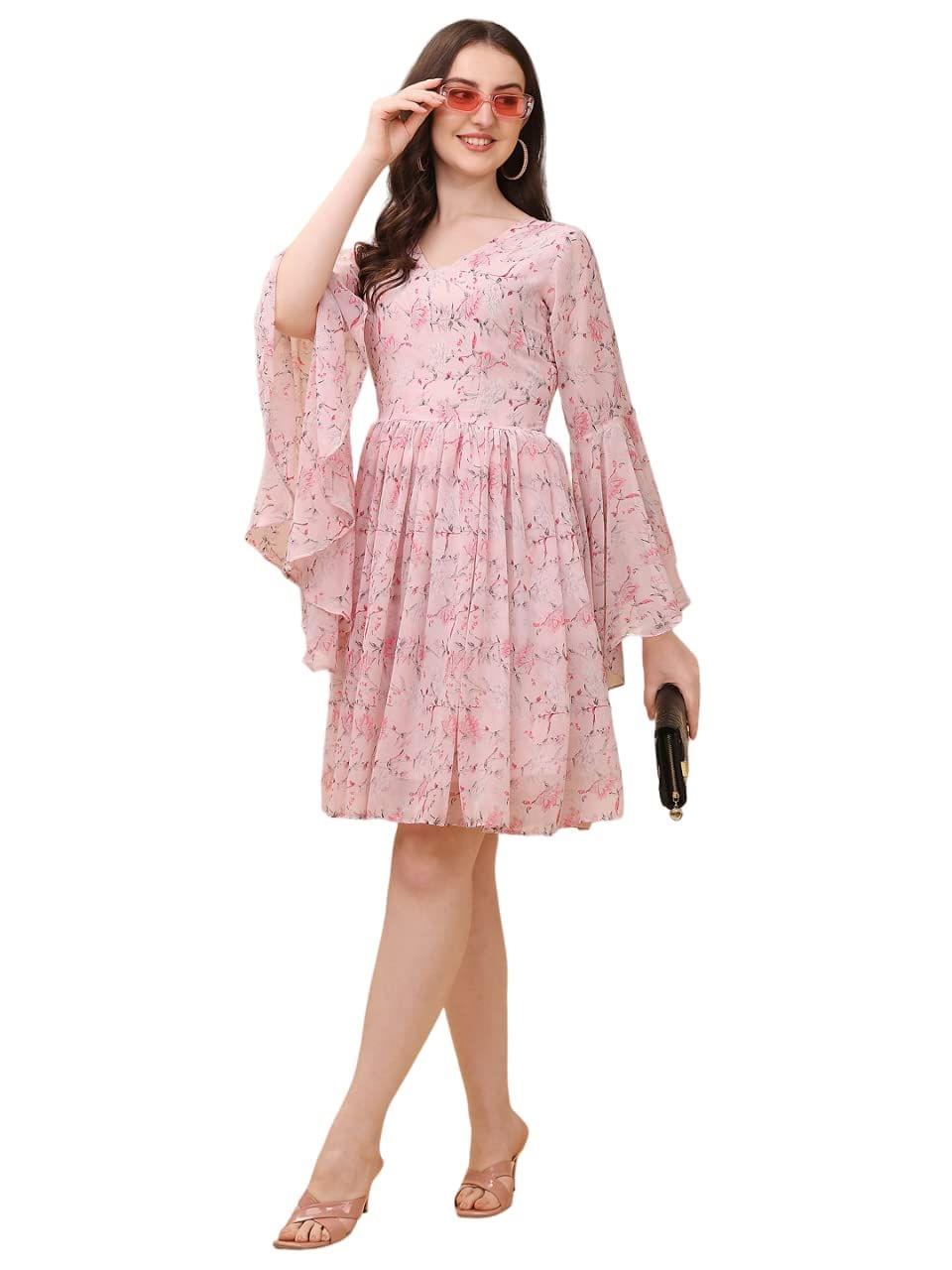 FASHION QUEEN Western Dresses for Women Off White & Pink Floral Print Fit & Flare Dress V-Neck with Long Bell Sleeves Above Knee Length Flared Hem Georgette Fabrics Dress