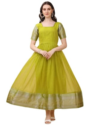 FASHION QUEEN Women's Organza Jacqaurd Half Sleeve Anarkali A-Line Fully Stitched Midi Dress | Long Gown for Girls