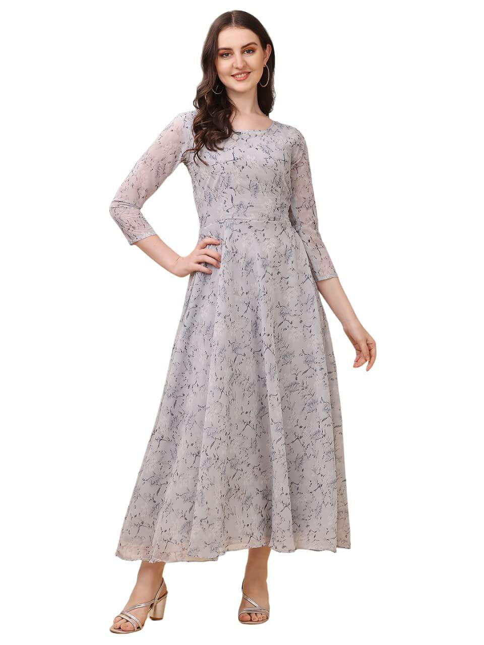 FASHION QUEEN Western Dresses for Women Purple & Grey Floral Print Maxi Dress 3/4 Sleeves Georgette Fabric Maxi Length Dress