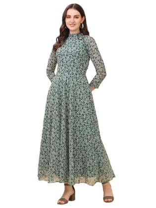 FASHION QUEEN Western Dresses for Women Green Floral Print Maxi Dress Mandarin Collar with 3/4 Sleeves Georgette Fabric Maxi Length Dress