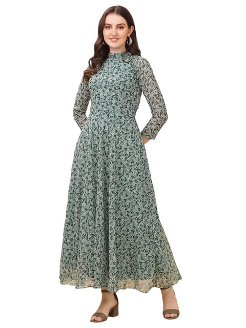 FASHION QUEEN Western Dresses for Women Green Floral Print Maxi Dress Mandarin Collar with 3 4 Sleeves Georgette Fabric Maxi Length Dress